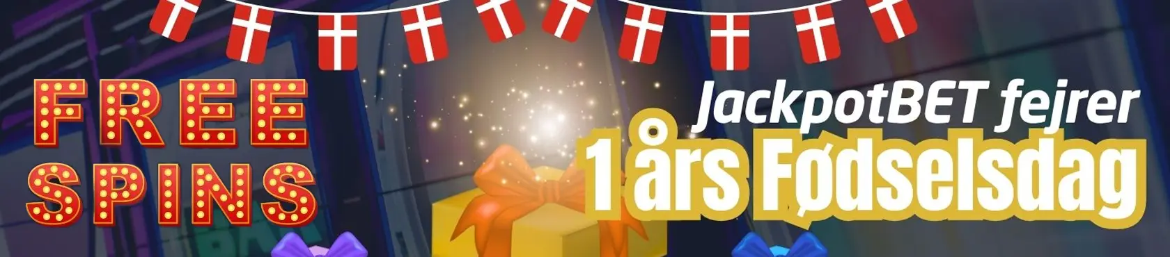 Banner med teksten: "Jackpotbet fejrer 1 års fødselsdag - Free spins"