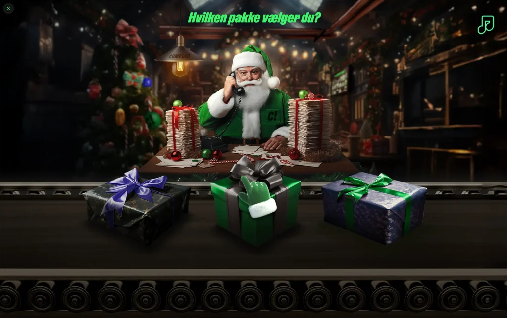 Screenshot af ComeOns julekalender, hvor man skal vælge 1 af 3 pakker for at se om man har vundet en præmie på dagen