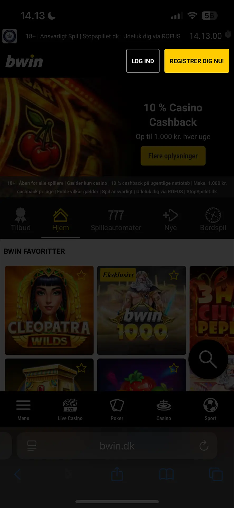 Screenshot af "Log ind" og "Registrer dig nu" knapperne på Bwin Casino