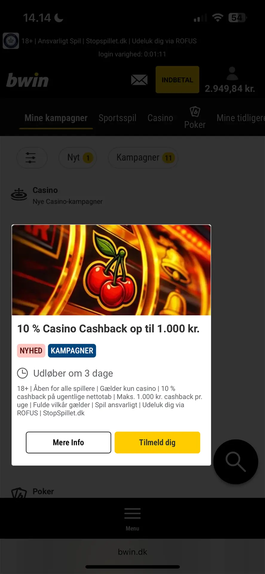 Screenshot af cashback tilbud på Bwin Casino