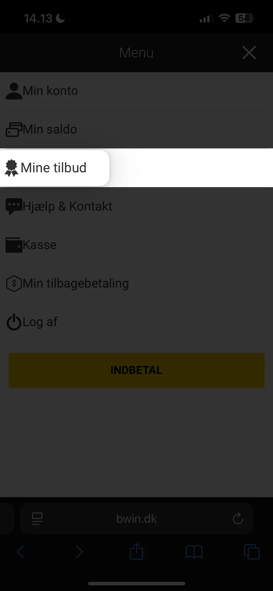 Screenshot af menuen med "Mine tilbud" på Bwin Casino