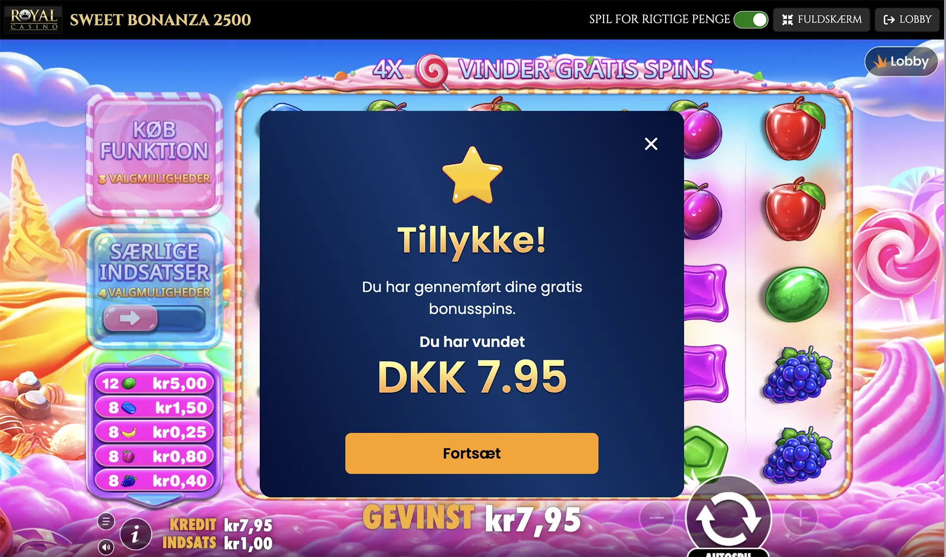Royal Casino Sweet Bonanza 2500 free spins gevinst