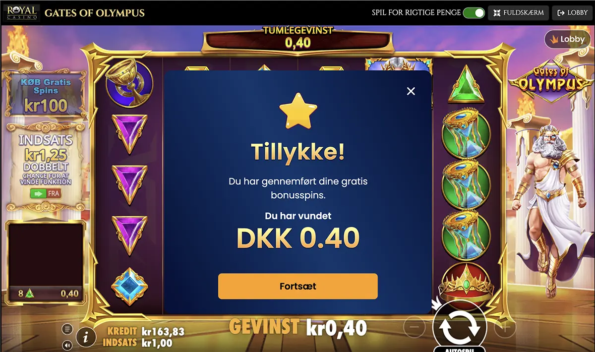 Royal Casino Gates of Olympus free spins gevinst