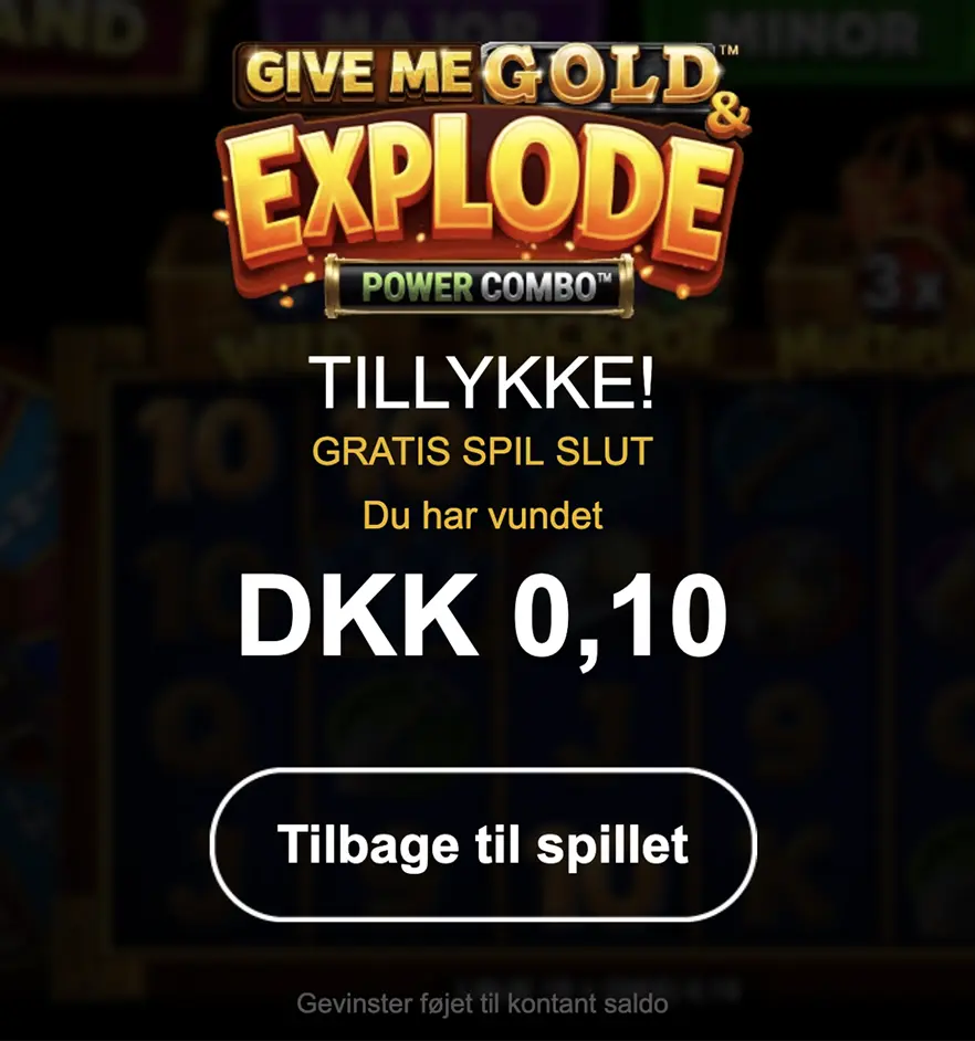 BetXperts Tilbudsjæger vandt 0,10 kr. på sine free spins til Give Me Gold & Explode Power Combo