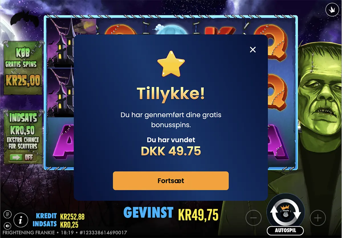 Screenshot af BetXperts Tilbudsjægers 49,75 kr. gevinst på sine 100 free spins til Frightening Frankenstein den 27. oktober 2026 på Royal Casino.