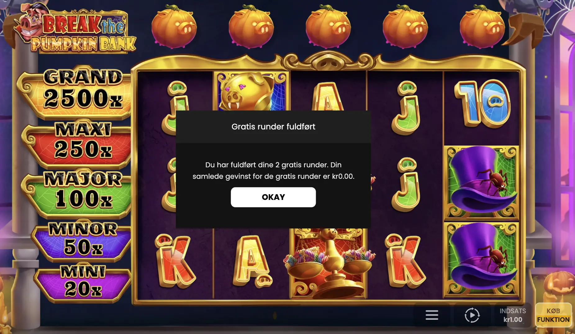 Screenshot af BetXperts Tilbudsjæger gevinst (eller mangel på samme) på sine 2 free spins til Break the Pumpkin Bank på Royal Casino den 3. oktober 2026