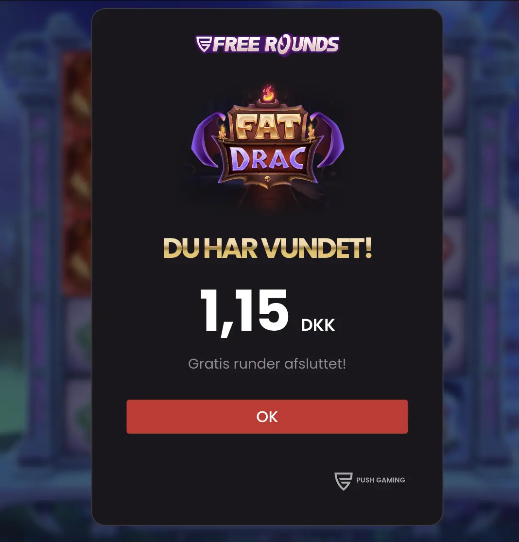 Screenshot af gevinstvindue i Fat Drac-spillet, hvor BetXperts Tilbudsjæger vandt 1,15 kr. på 20 free spins