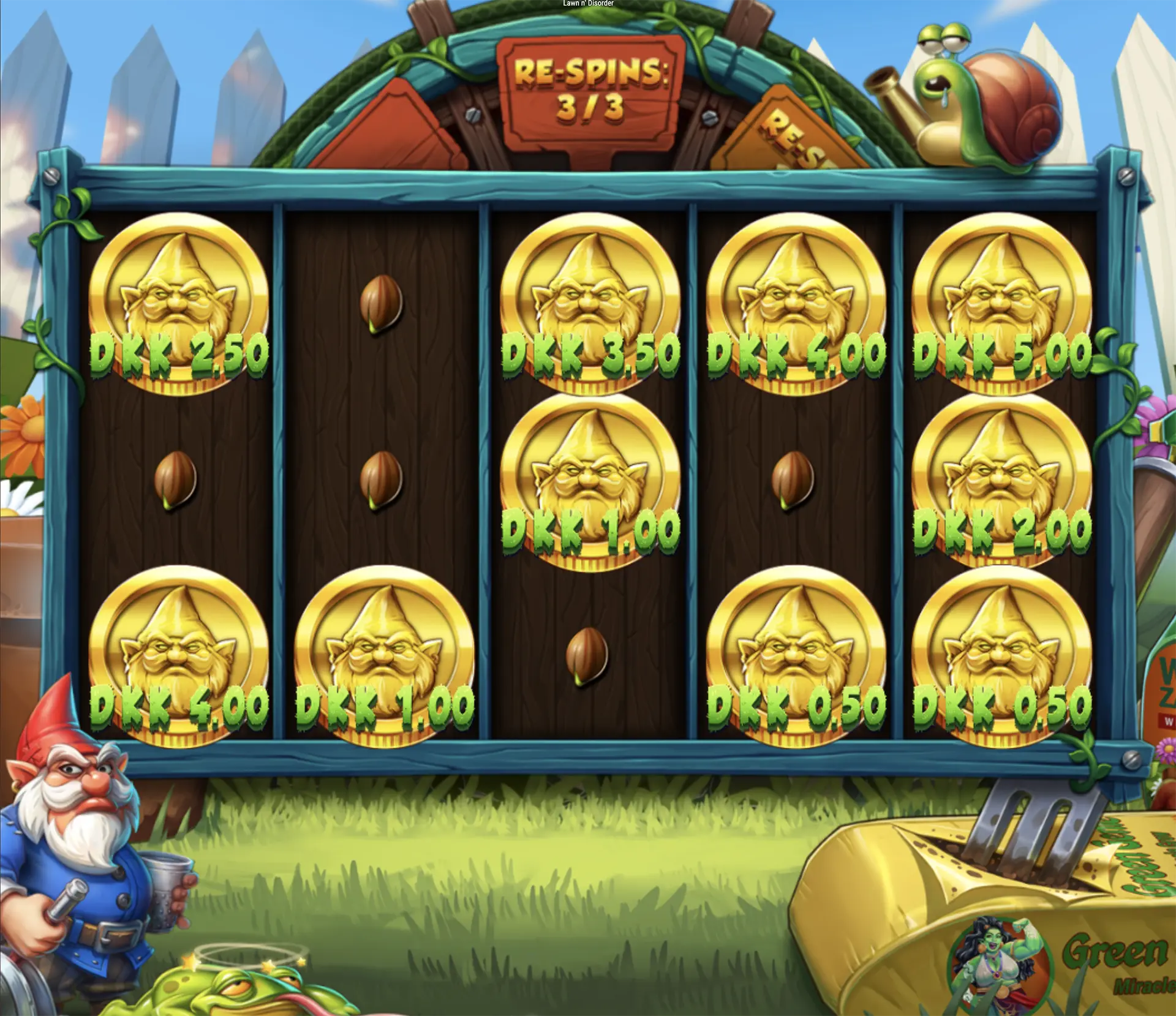 Screenshot af bonusrunde i Lawn n' Disorder under BetXperts Tilbudsjægers gennemspilning af sine free spins fra Betano