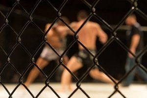 Sløret billede af MMA-kamp set lige udenfor octagonen. To kæmpere og en dommer