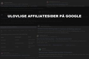 Collage med ulovlige affiliatesider i søgersultaterne og et banner med tekst