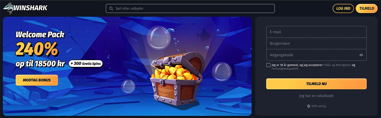 Winshark tilbyder en dansk bonus og dansk sprog på deres hjemmeside