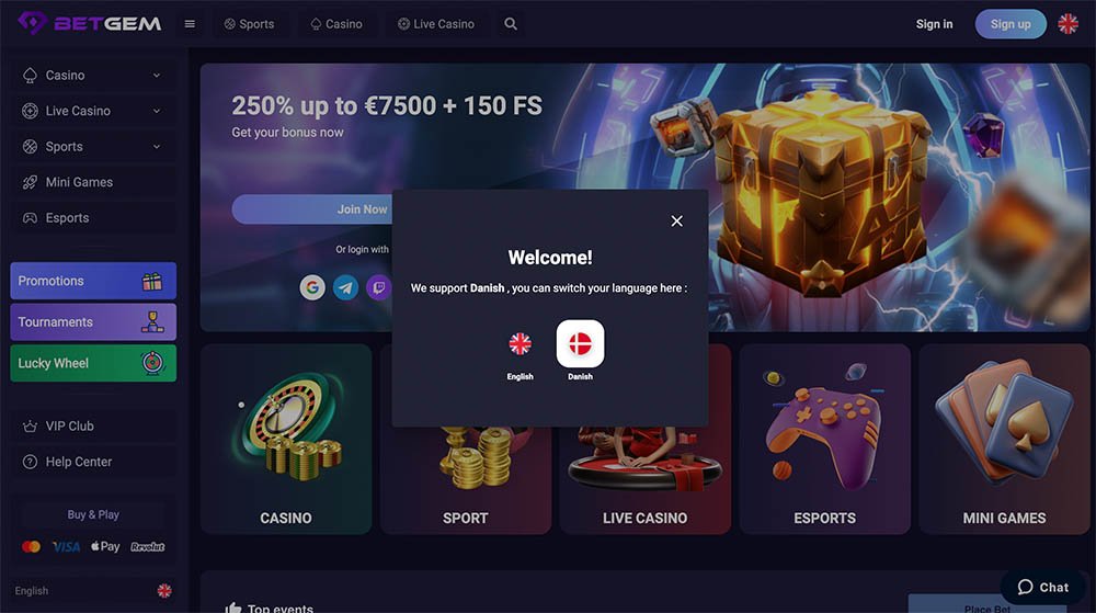 BetGem spørger om du vil skifte fra engelsk til dansk ved første besøg