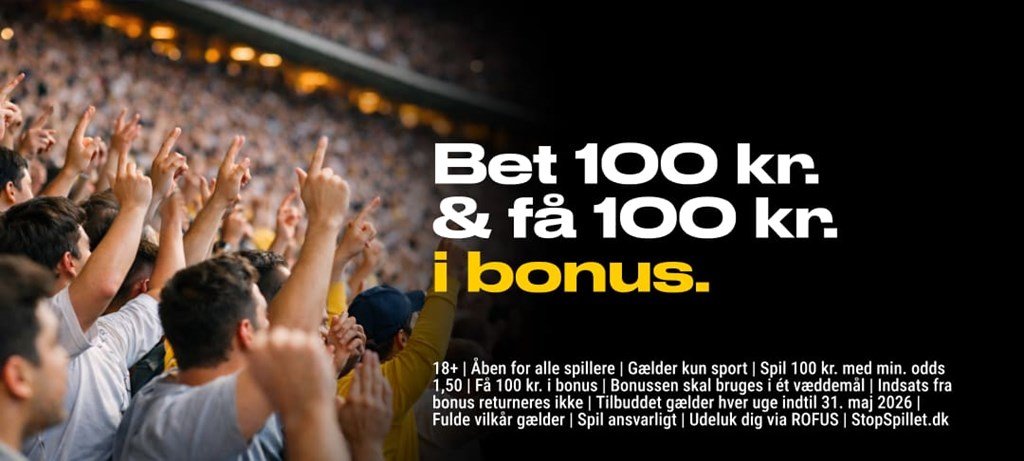 Banner fra bwin med teksten: Bet 100 k.r og få 100 kr. i bonus