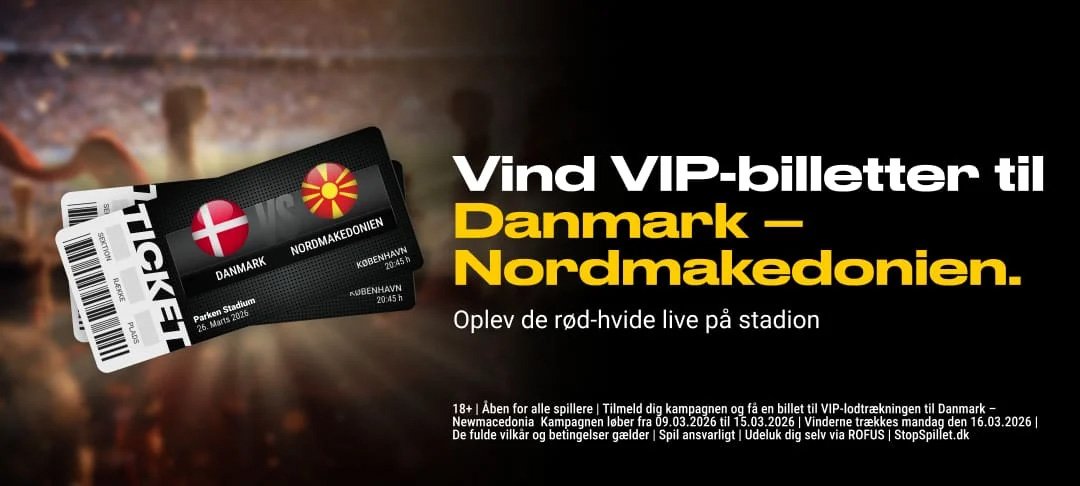 Banner fra bwin med teksten: "Vind VIP-billetter til Danmark - Nordmakedonien. Oplev de rød-hvide live på stadion"