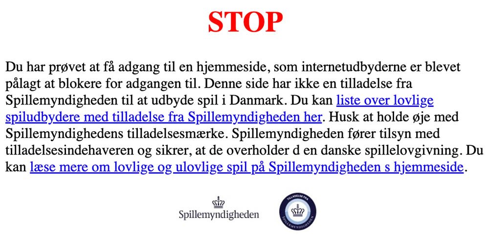 Advarsel på hjemmeside, der er DNS-blokeret af Spillemyndigheden