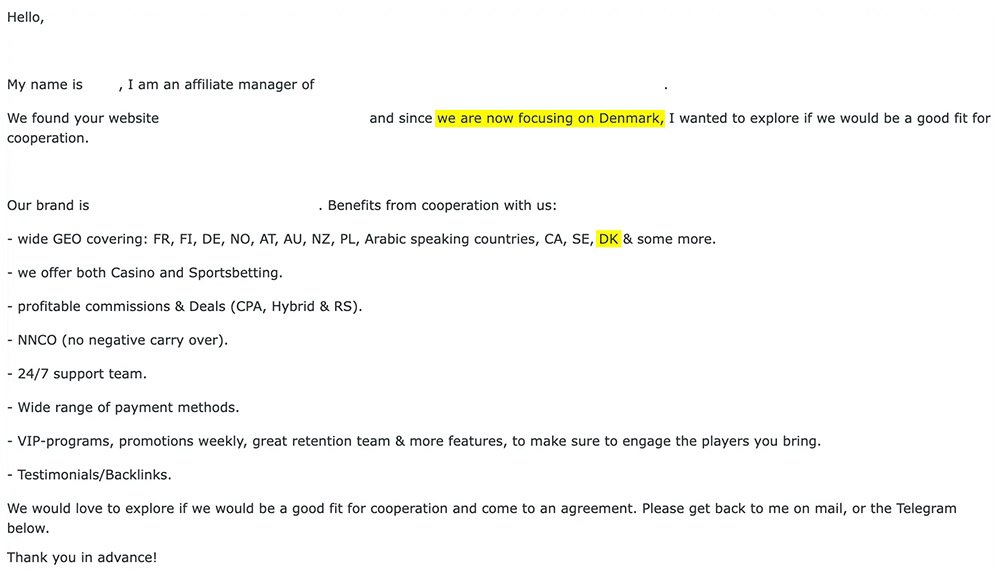 Henvendelse fra casino uden dansk licens til en dansk affiliateside med besked om, at de nu fokuserer på Danmark.