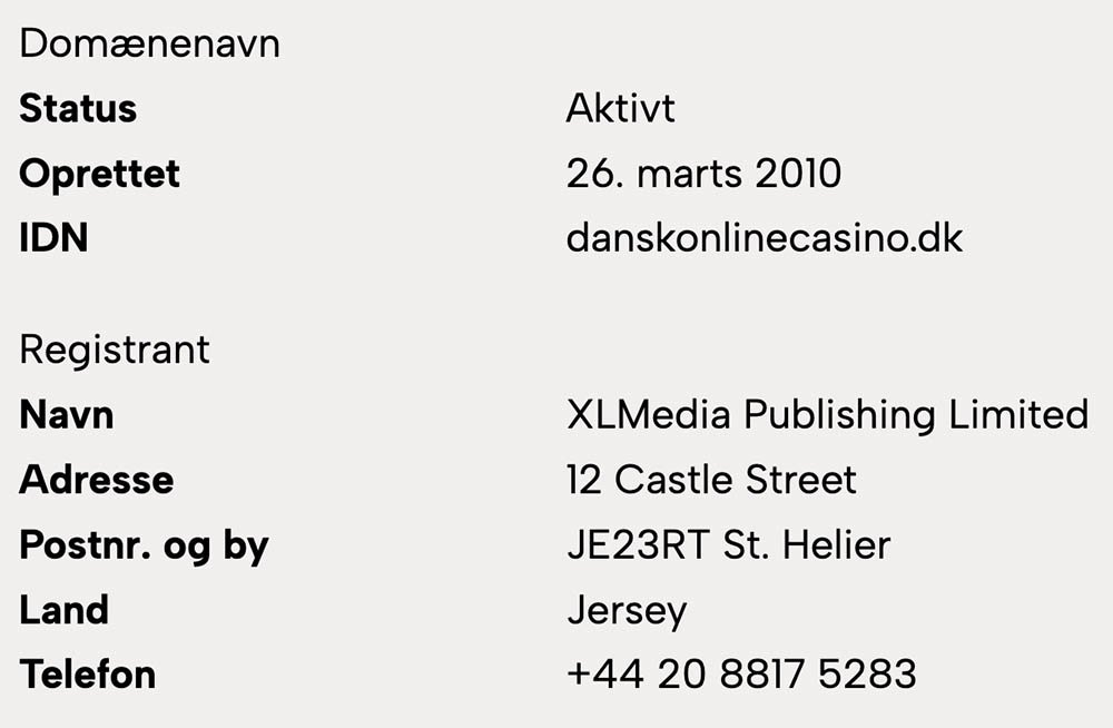 Registrantinfo for Dansk Online Casino taget fra Punktum